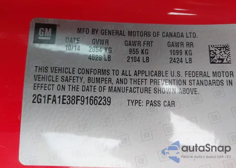 2015 Chevrolet Camaro 1Ls from USA, damaged, VIN 2G1FA1E38F9166239